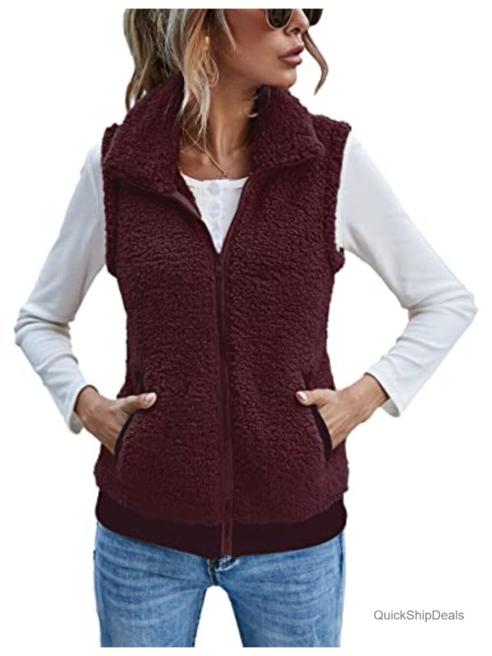 Womens Fuzzy Fleece Vest Warm Sleeveless Sherpa Zip Up Jacket